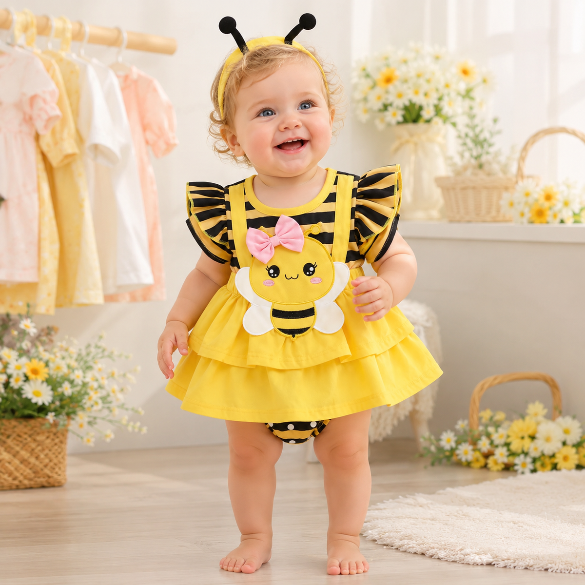 Baby Girl Bee Costume Romper Tutu Skirt with Antenna Headband