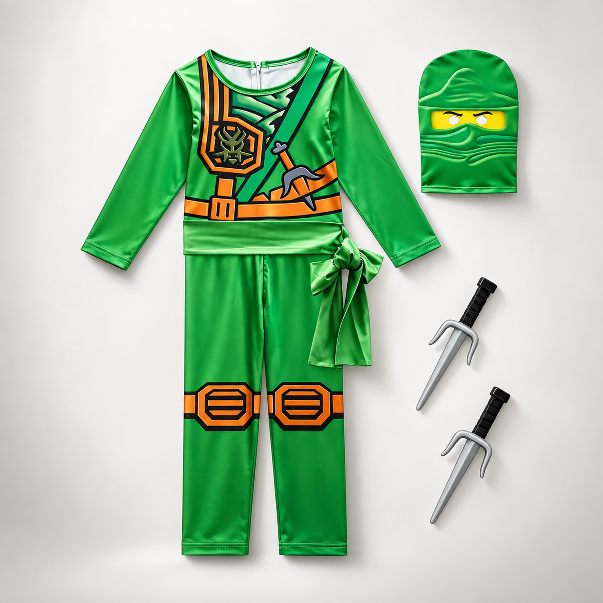 Kids Ninja Costume Red or Green Jumpsuit Hood Mask and Toy Sai Set