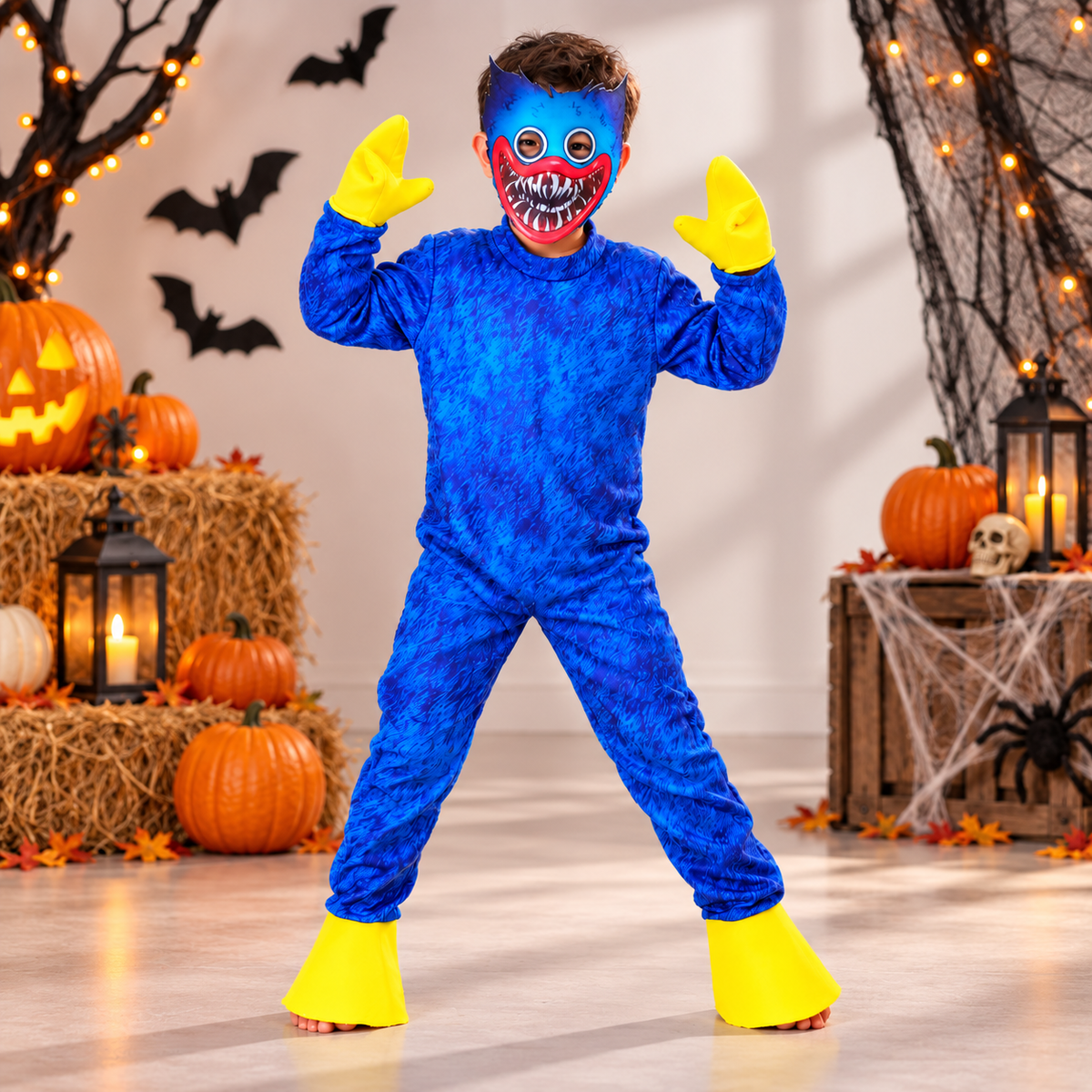 Kids Plush Monster Costume Jumpsuit Toothy Mask Yellow Gloves Feet
