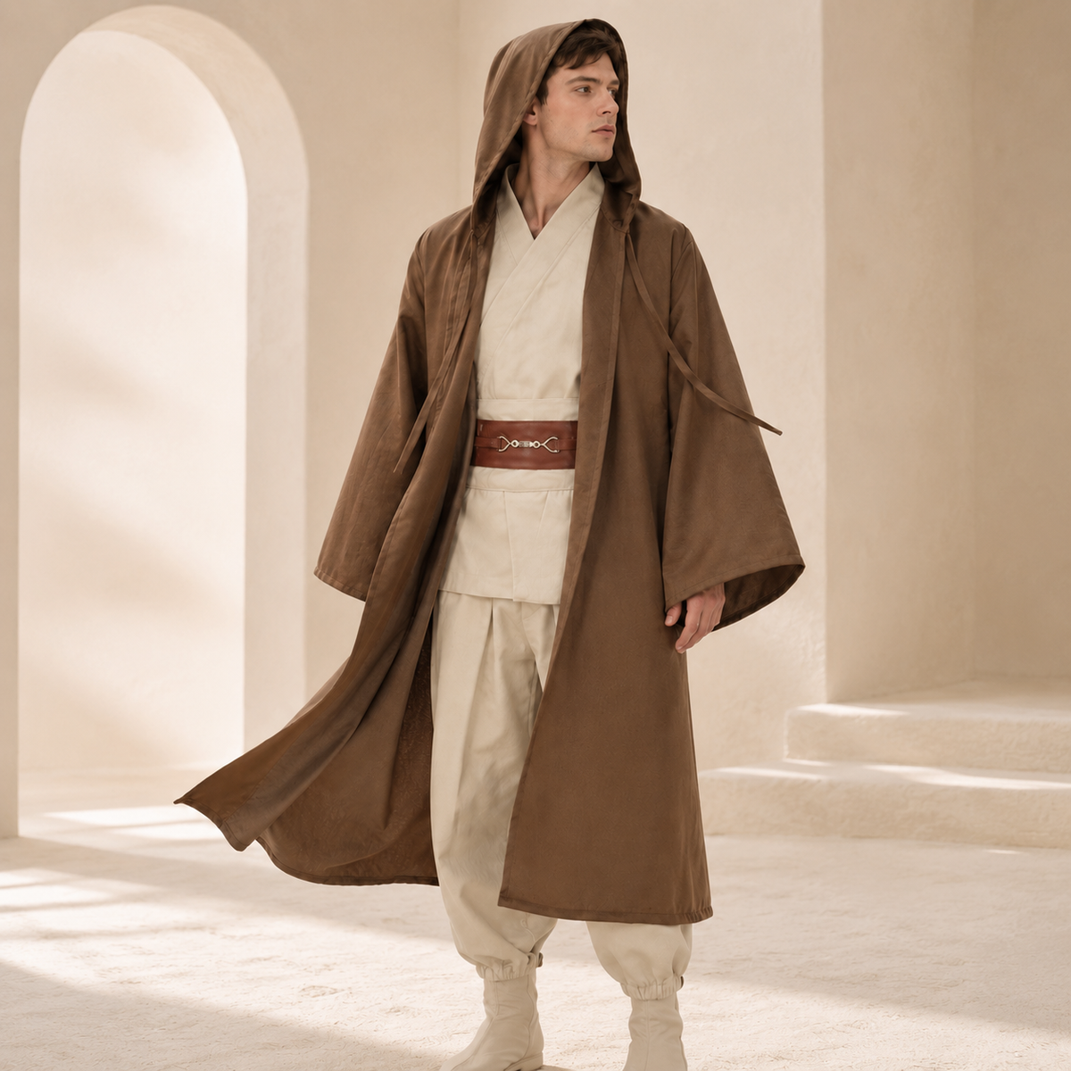 Mens Jedi Style Robe Costume Hooded Cloak Tunic Pants Belt Brown Black