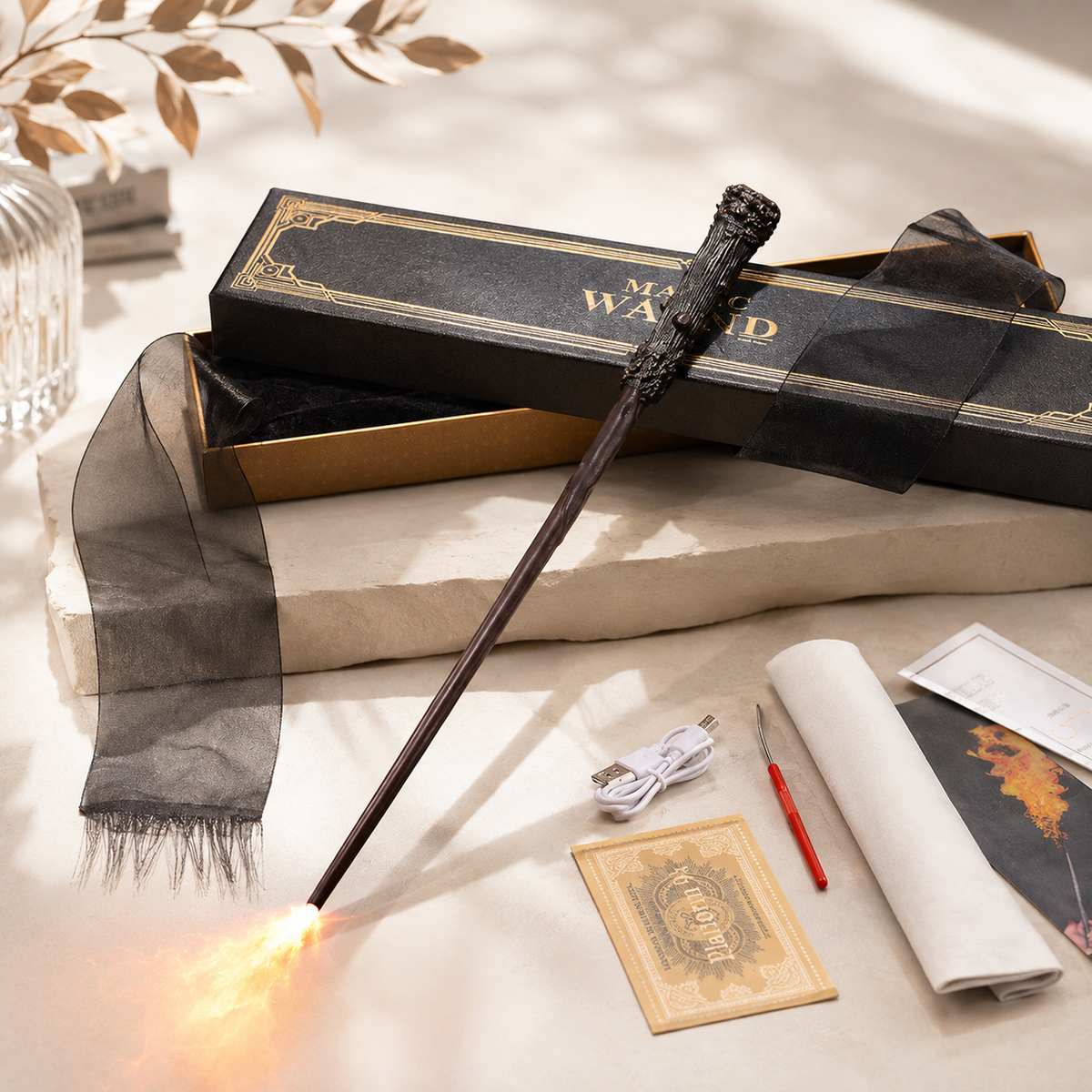 Fire Shooting Magic Wand USB Rechargeable Flame Effect Wizard Gift Box