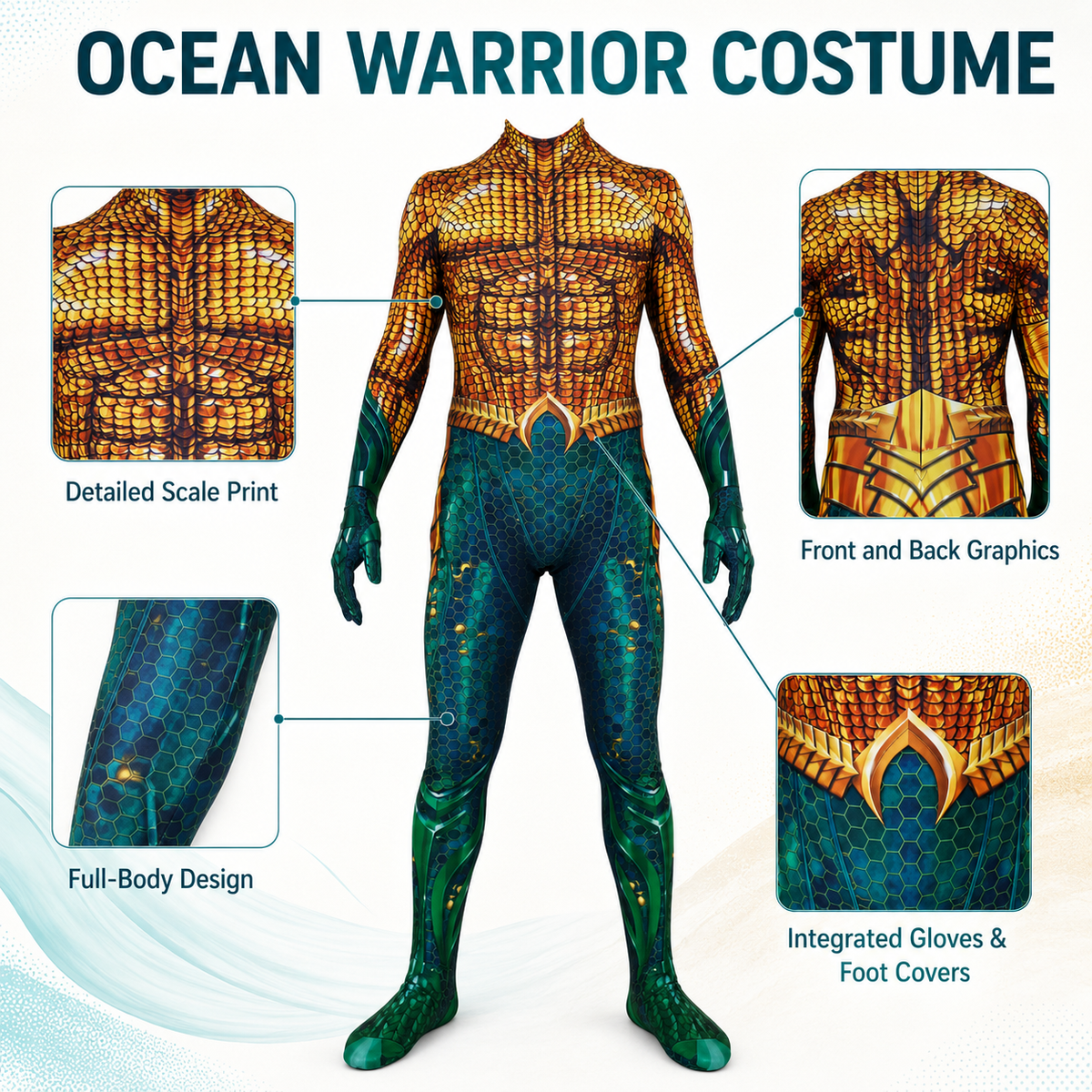 Aquaman Style Zentai Bodysuit Gold Scale Green Ocean Warrior Costume