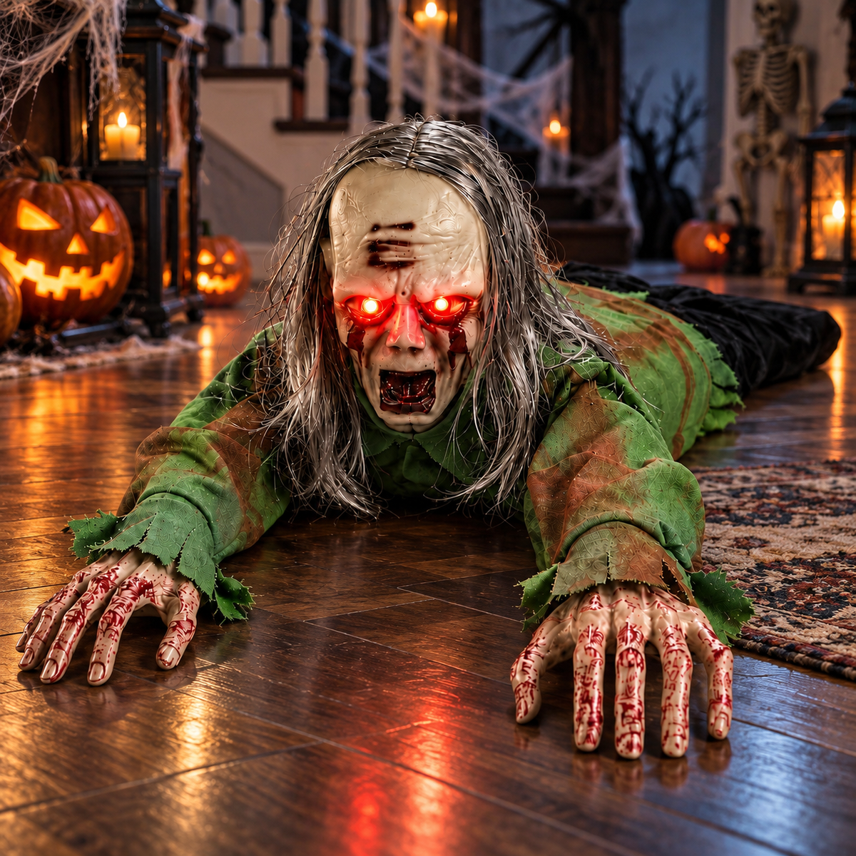Crawling Zombie Halloween Prop Red LED Eyes Sound Activated Animated