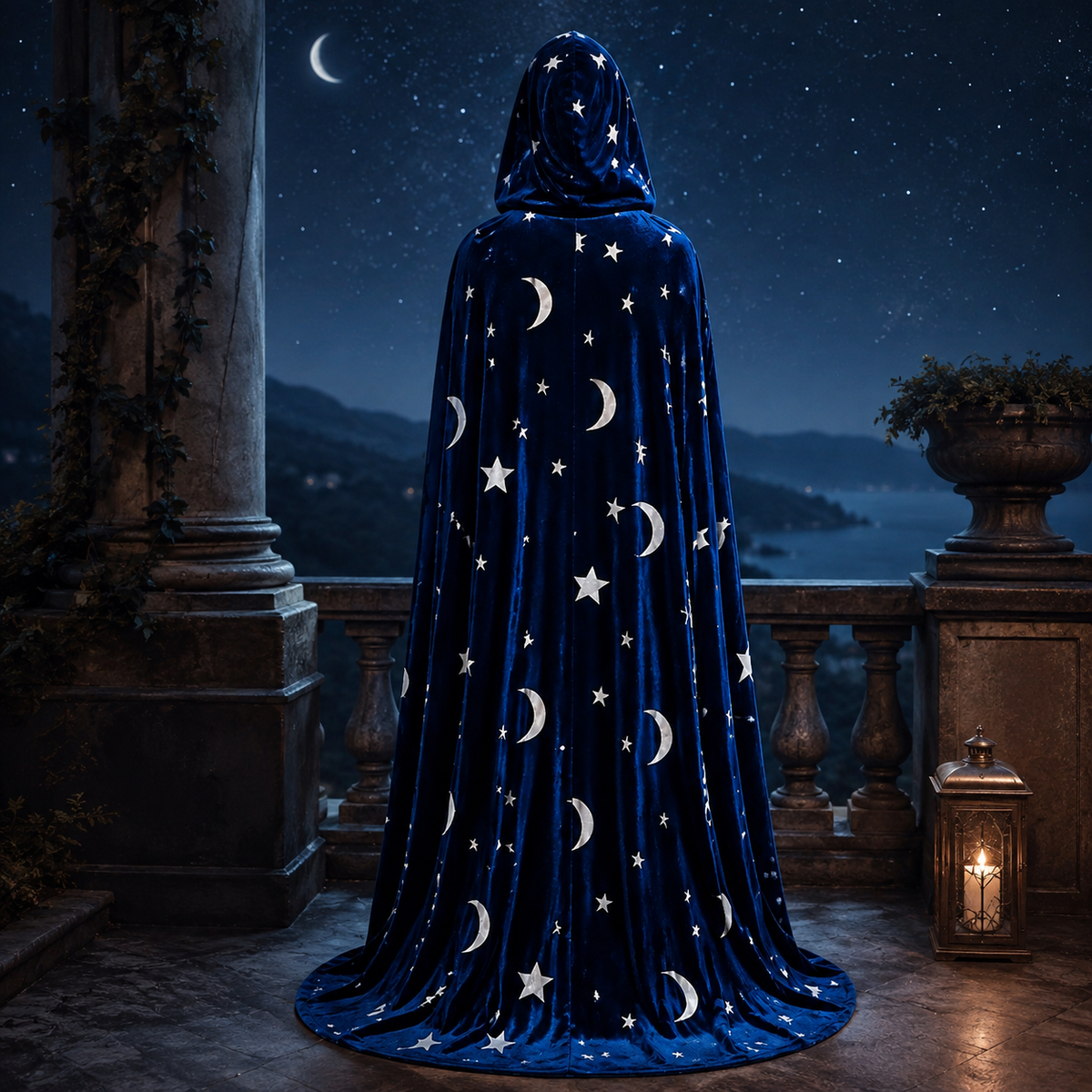 Celestial Velvet Hooded Cape Moon and Star Print Witch Wizard Cloak
