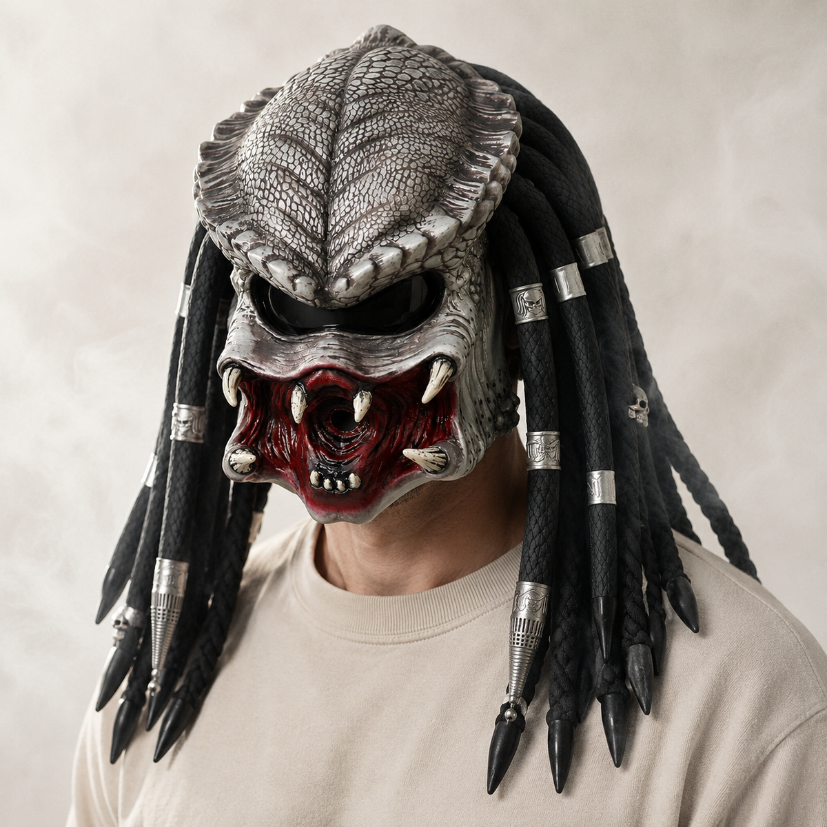 Alien Hunter Predator Style Mask Full Head Braided Dreadlocks Fangs