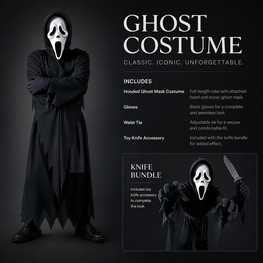 Ghost Face Robe Costume Hooded Black Robe Mask Toy Knife Kids Adults