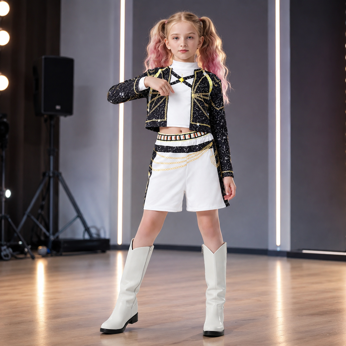 Girls Pop Star Stage Outfit Sequin Cropped Jacket Skirt or Shorts Set