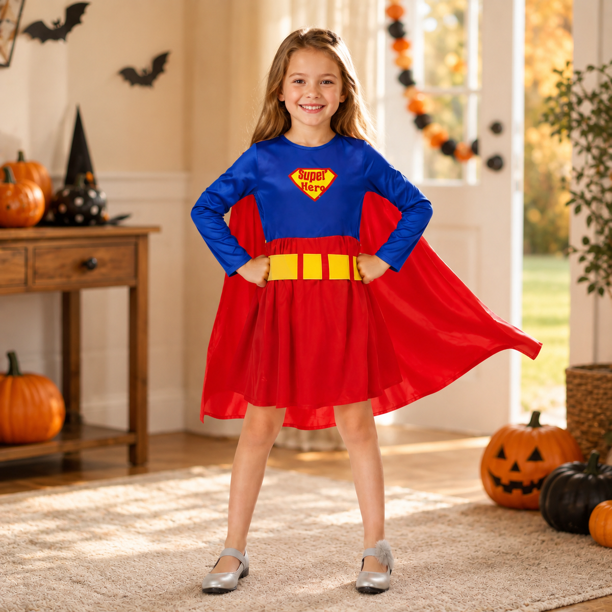 Kids Superhero Costume Girls Cape Dress or Boys Jumpsuit with Belt