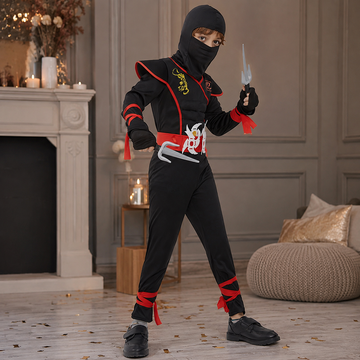 Kids Ninja Costume Muscle Jumpsuit Hood Belt Throwing Stars 3 Styles