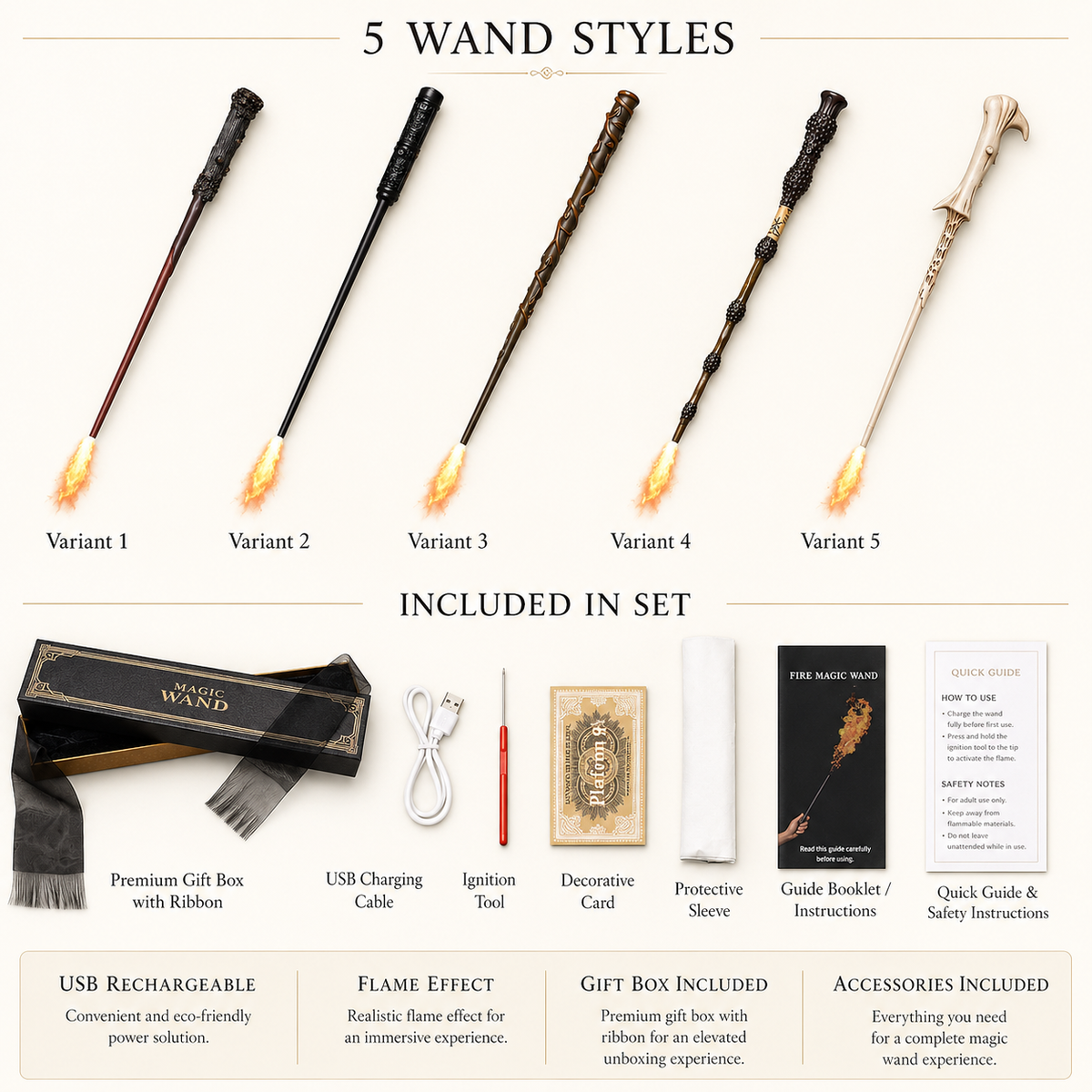 Fire Shooting Magic Wand USB Rechargeable Flame Effect Wizard Gift Box