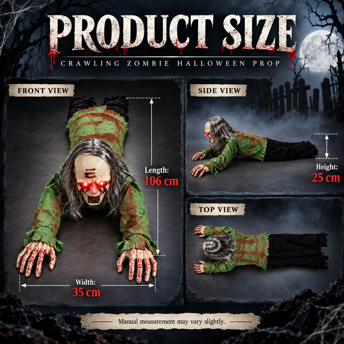 Animated Crawling Zombie Decoration Long Gray Hair Glowing Red Eyes