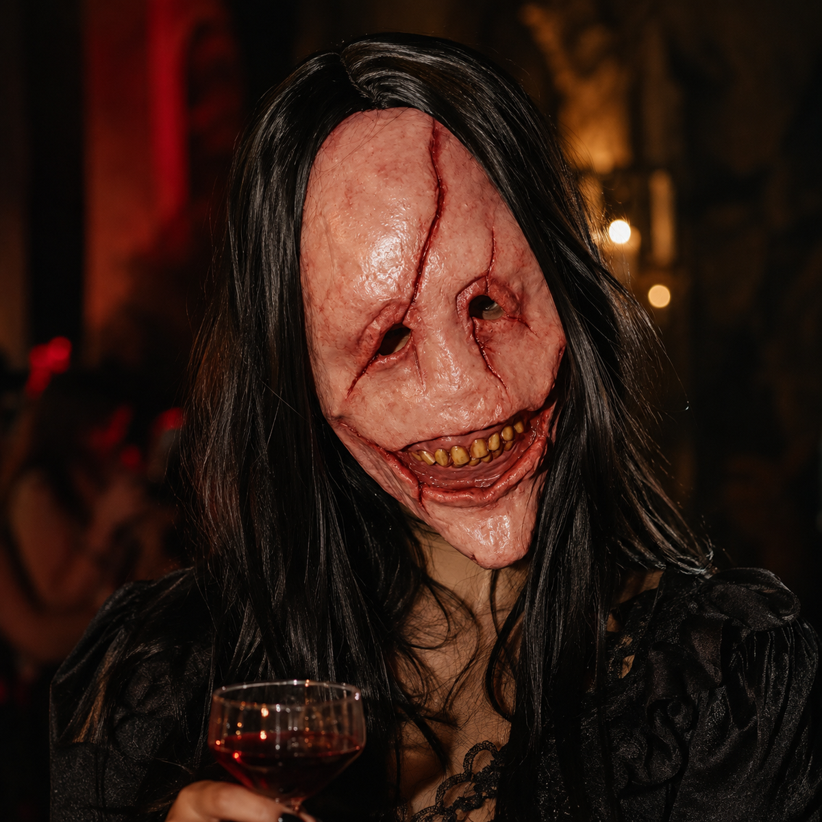 Creepy Smiling Face Latex Mask with Long Black Hair Scarred Horror