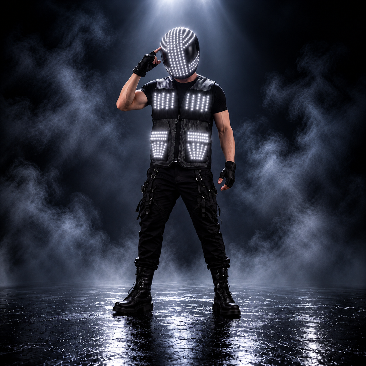 LED Helmet and Vest Set RGB Light Up DJ Costume Full Face Helmet Stage
