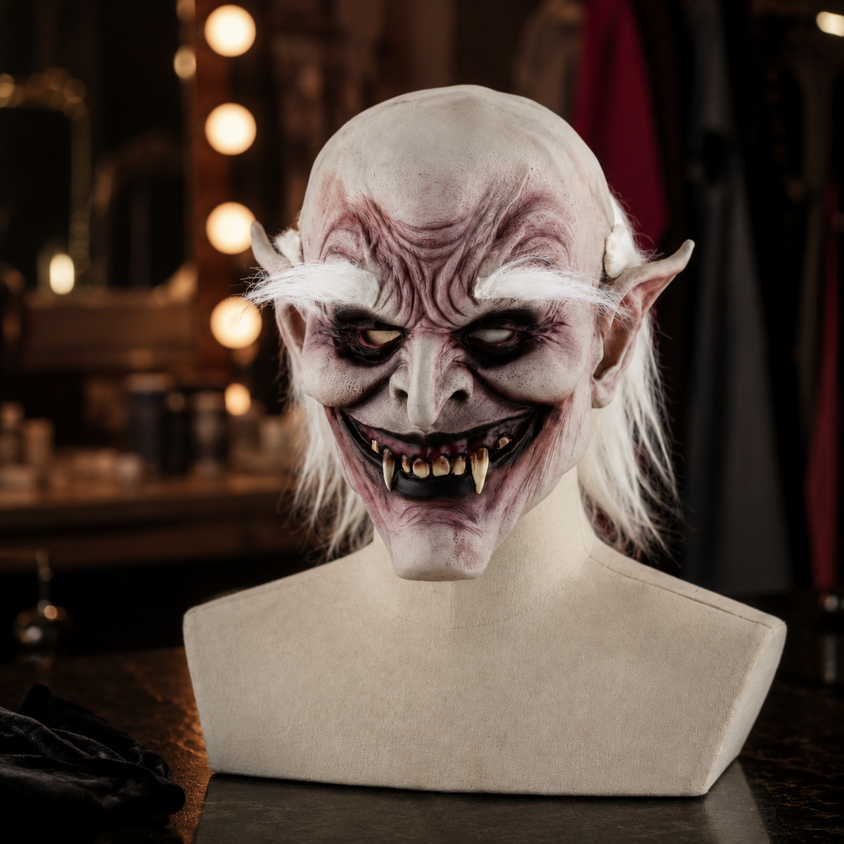 Old Demon Vampire Latex Mask Pointed Ears White Hair Fangs Full Head