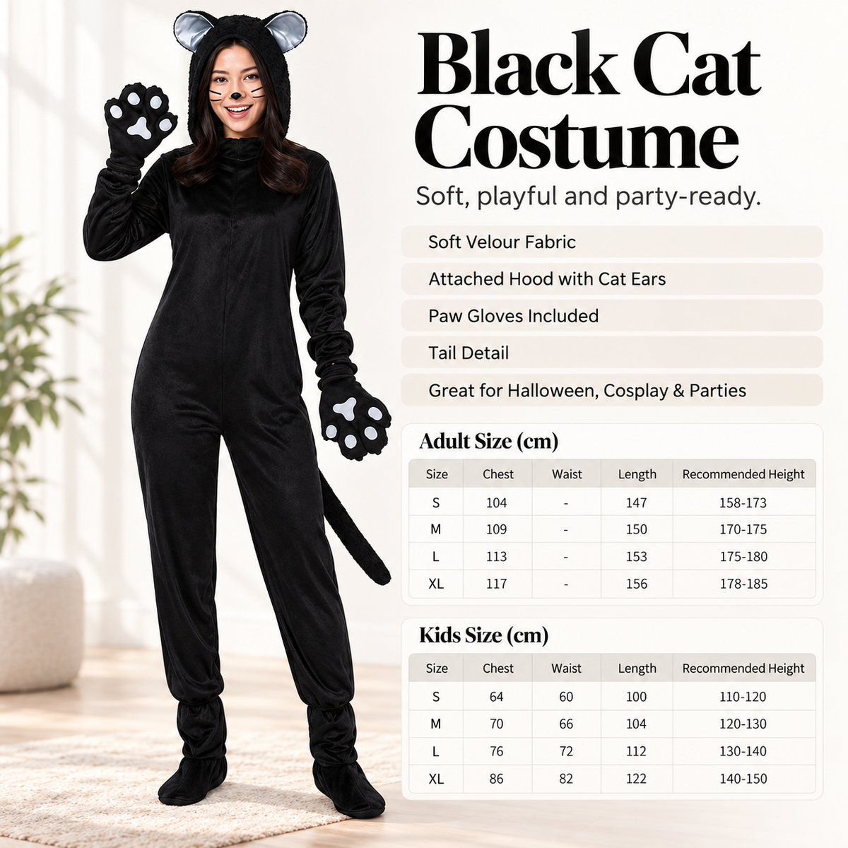 Black Cat Costume Hooded Velour Jumpsuit Paw Gloves Tail Family Set