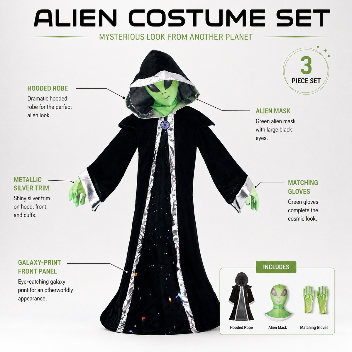 Kids Alien Costume Hooded Galaxy Robe Green Alien Mask and Gloves
