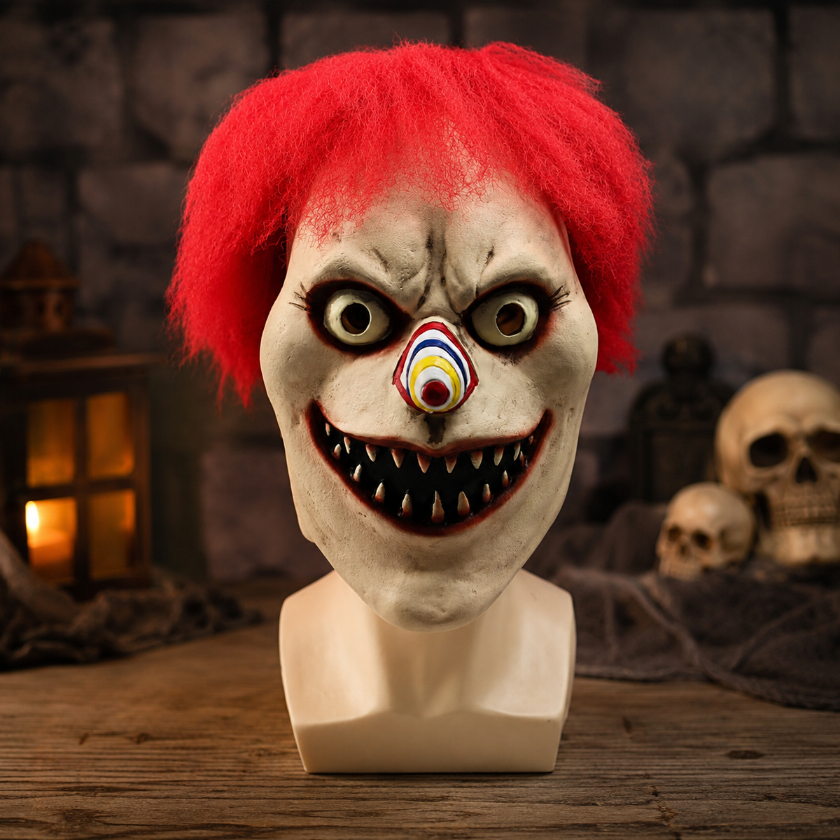 Evil Clown Latex Mask Red Hair Sharp Teeth Full Head Horror Clown