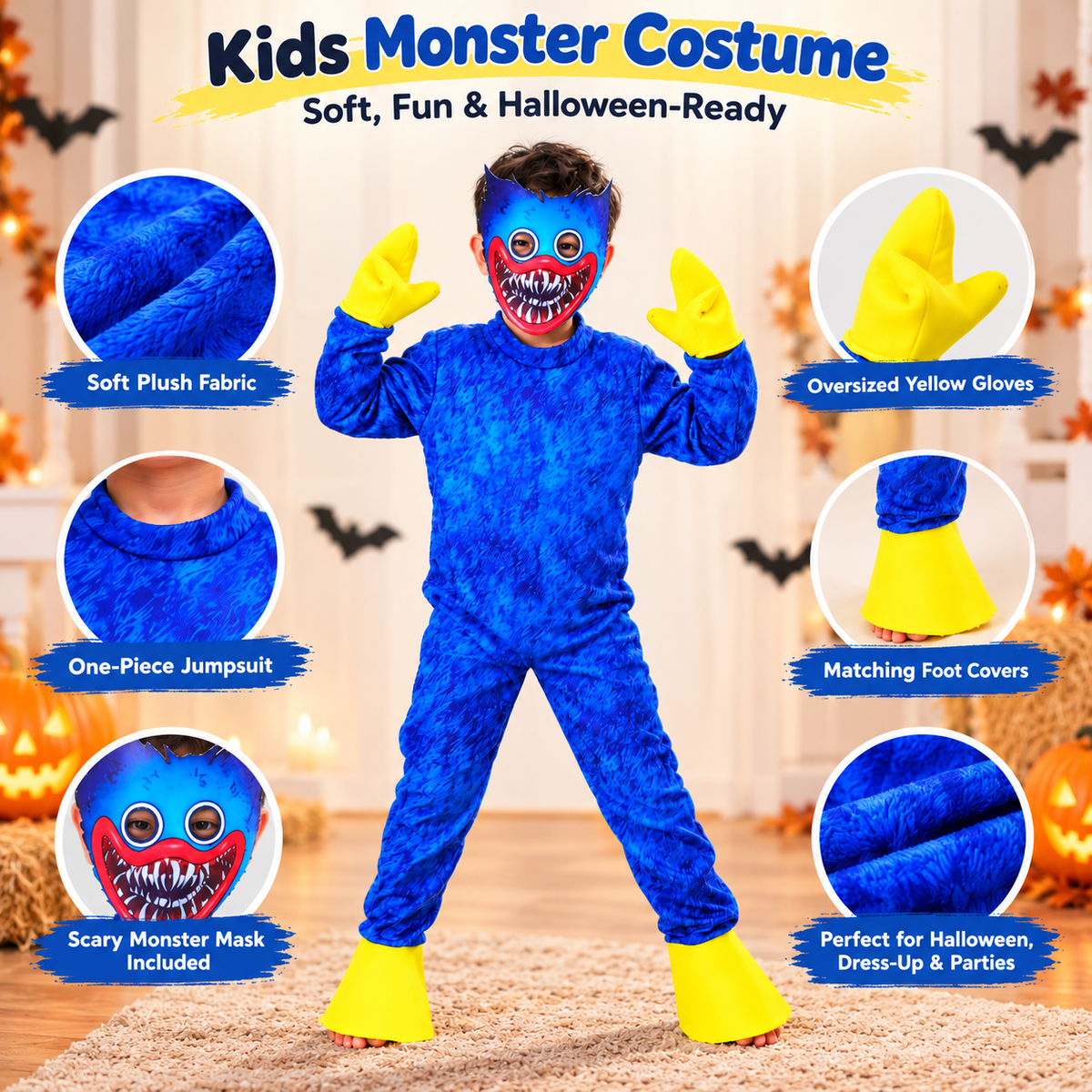 Kids Plush Monster Costume Jumpsuit Toothy Mask Yellow Gloves Feet