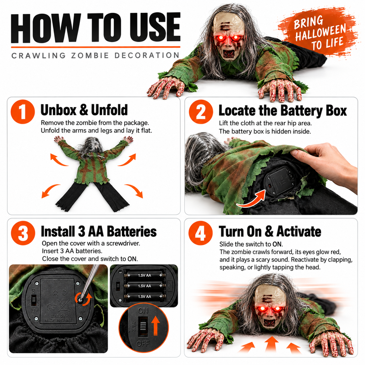 Crawling Zombie Halloween Prop Red LED Eyes Sound Activated Animated
