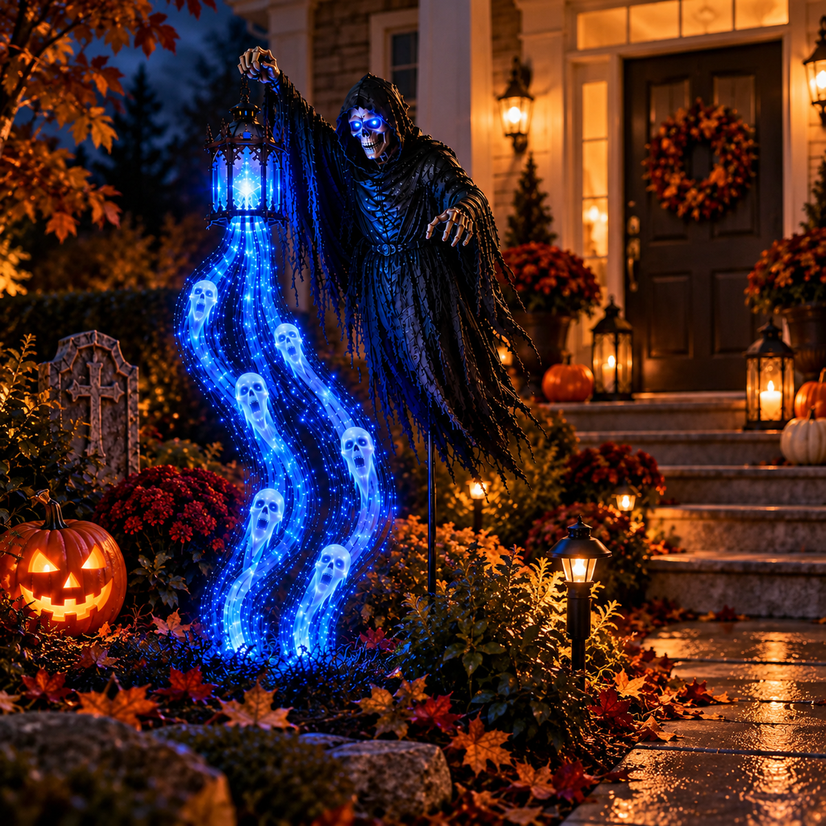 Grim Reaper Solar Yard Light with Lantern and Blue Ghost Glow Stake