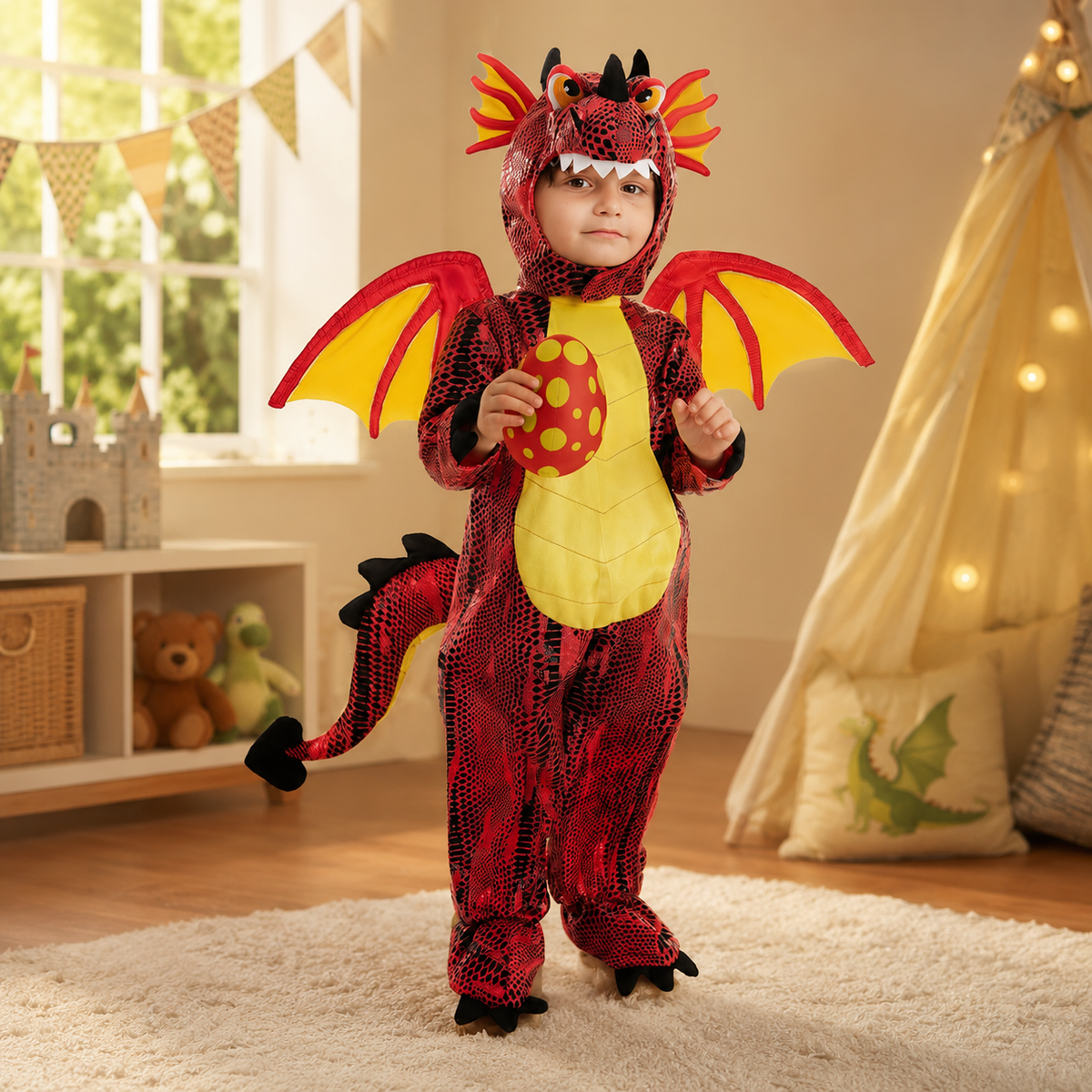 Kids Red Dragon Costume Hooded Jumpsuit with Wings and Tail Halloween