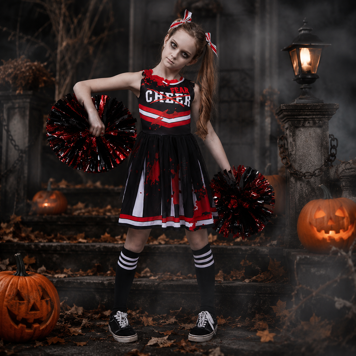 Kids Zombie Cheerleader Costume Bloody Skull Uniform Dress 11 Styles