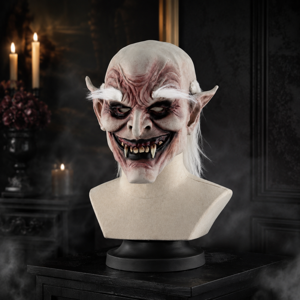 Old Demon Vampire Latex Mask Pointed Ears White Hair Fangs Full Head
