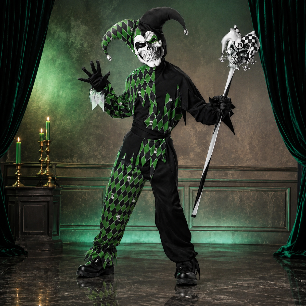 Evil Court Jester Costume Horned Hood Harlequin Suit Adult Kids