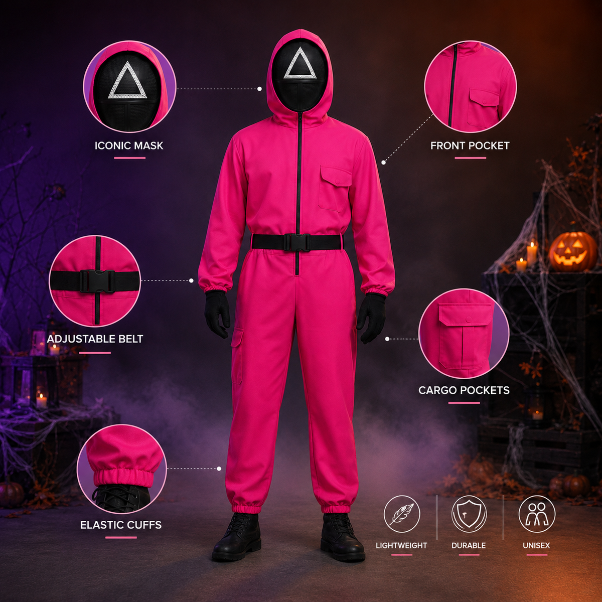 Adult Squid Game Guard Costume Hot Pink Jumpsuit Mask Belt Gloves