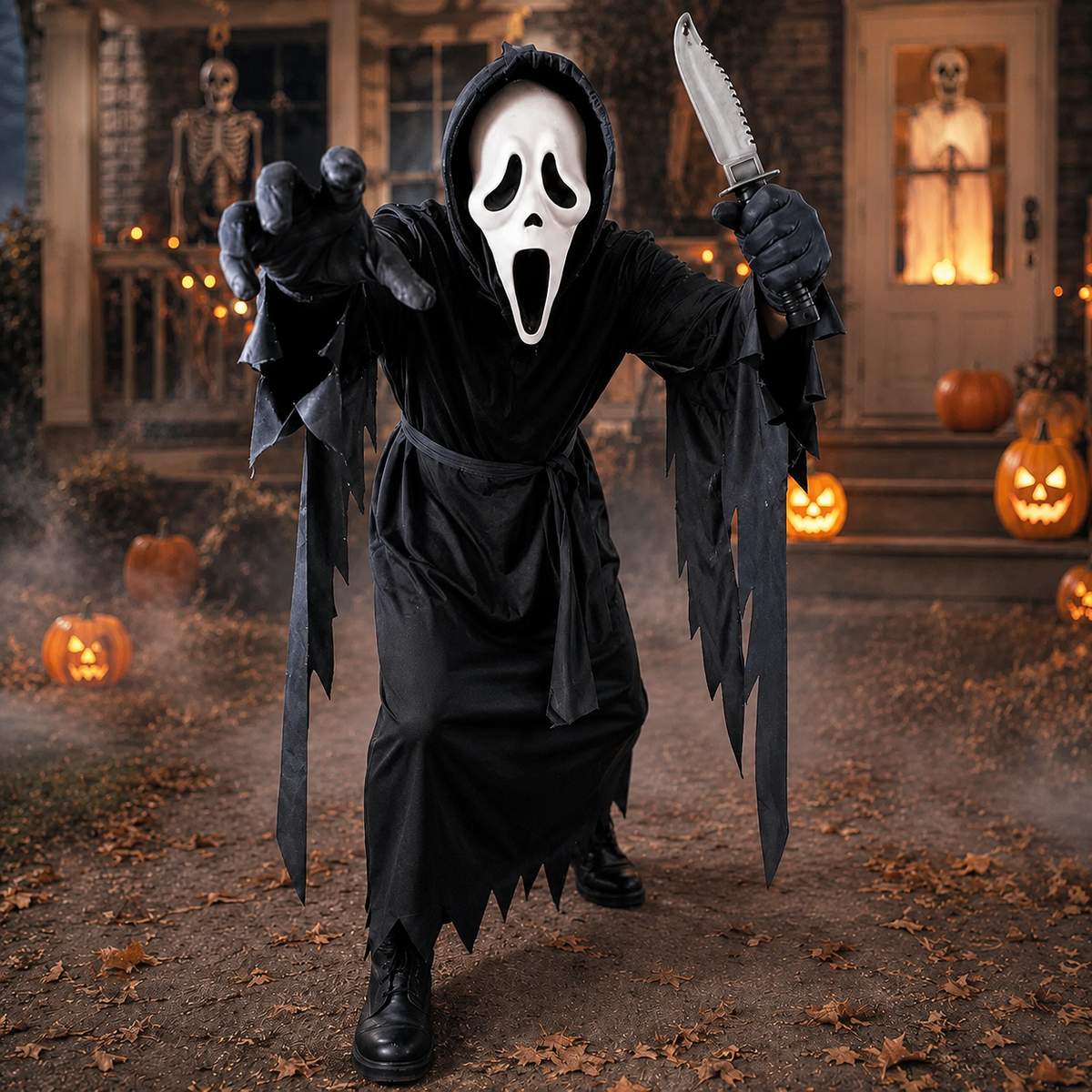 Ghost Face Robe Costume Hooded Black Robe Mask Toy Knife Kids Adults