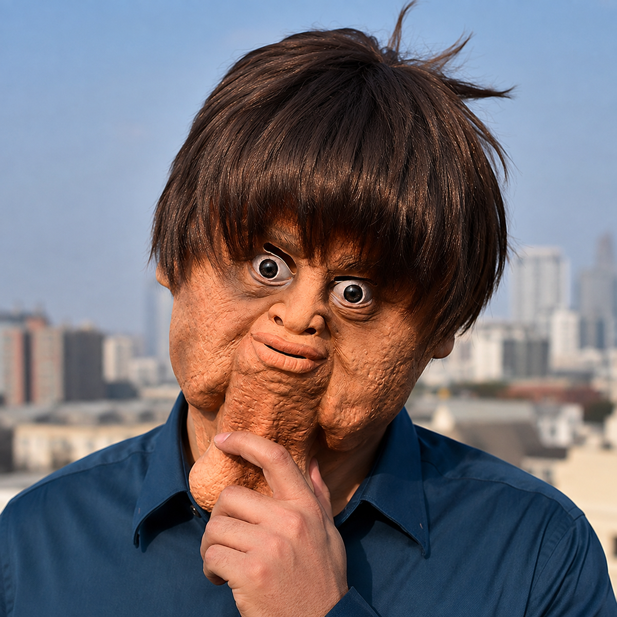 Big Chin Gag Mask Adult Novelty Latex Face Mask with Brown Wig Prank