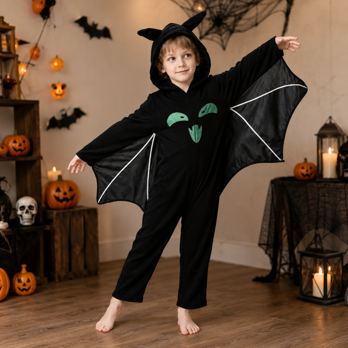 Kids Bat Costume Onesie with Wings Hooded Jumpsuit Glow Bat Back