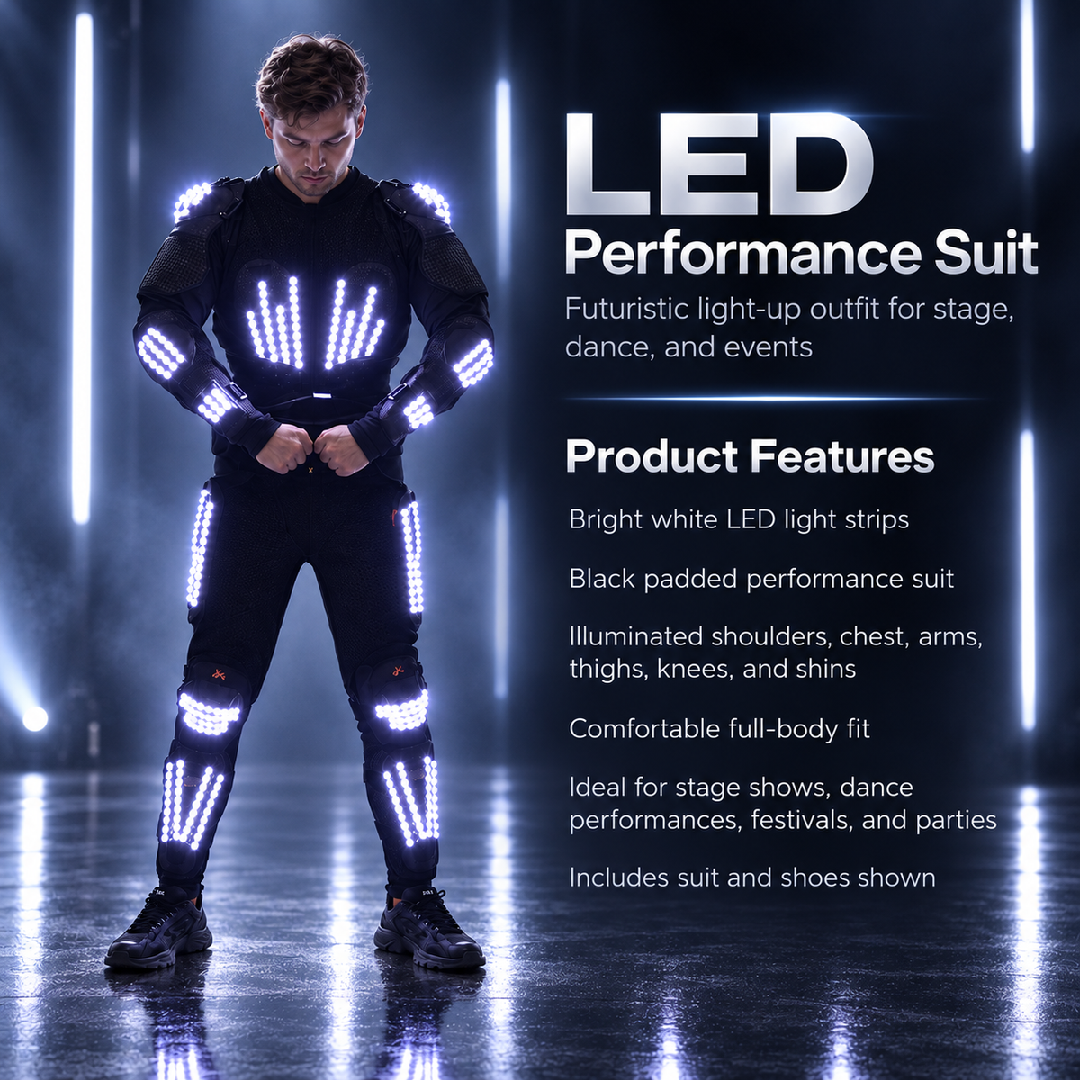 LED Light Up Performance Suit Black Padded Armor White LED Strips