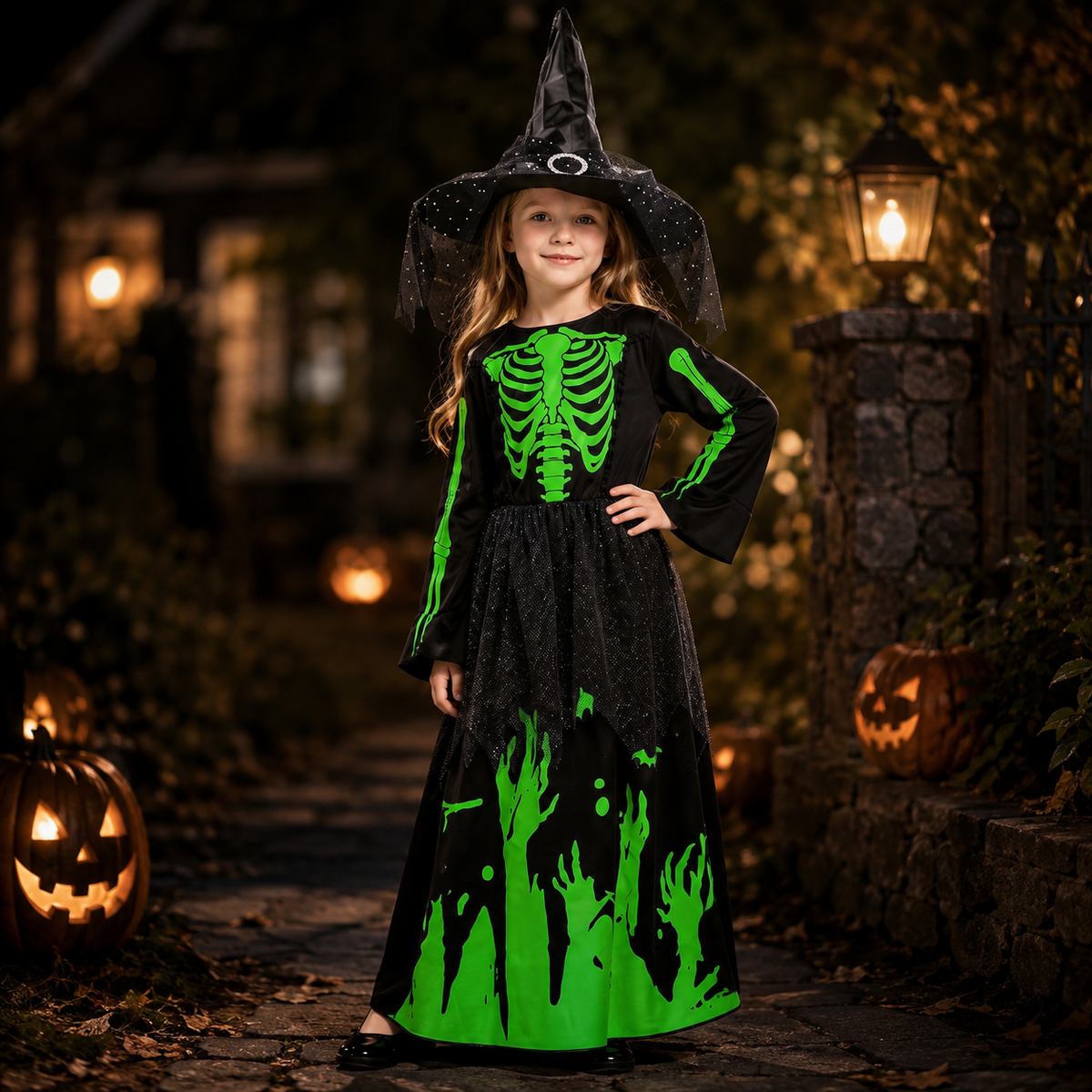 Kids Skeleton Witch Dress with Hat or Hooded Skeleton Bodysuit Costume