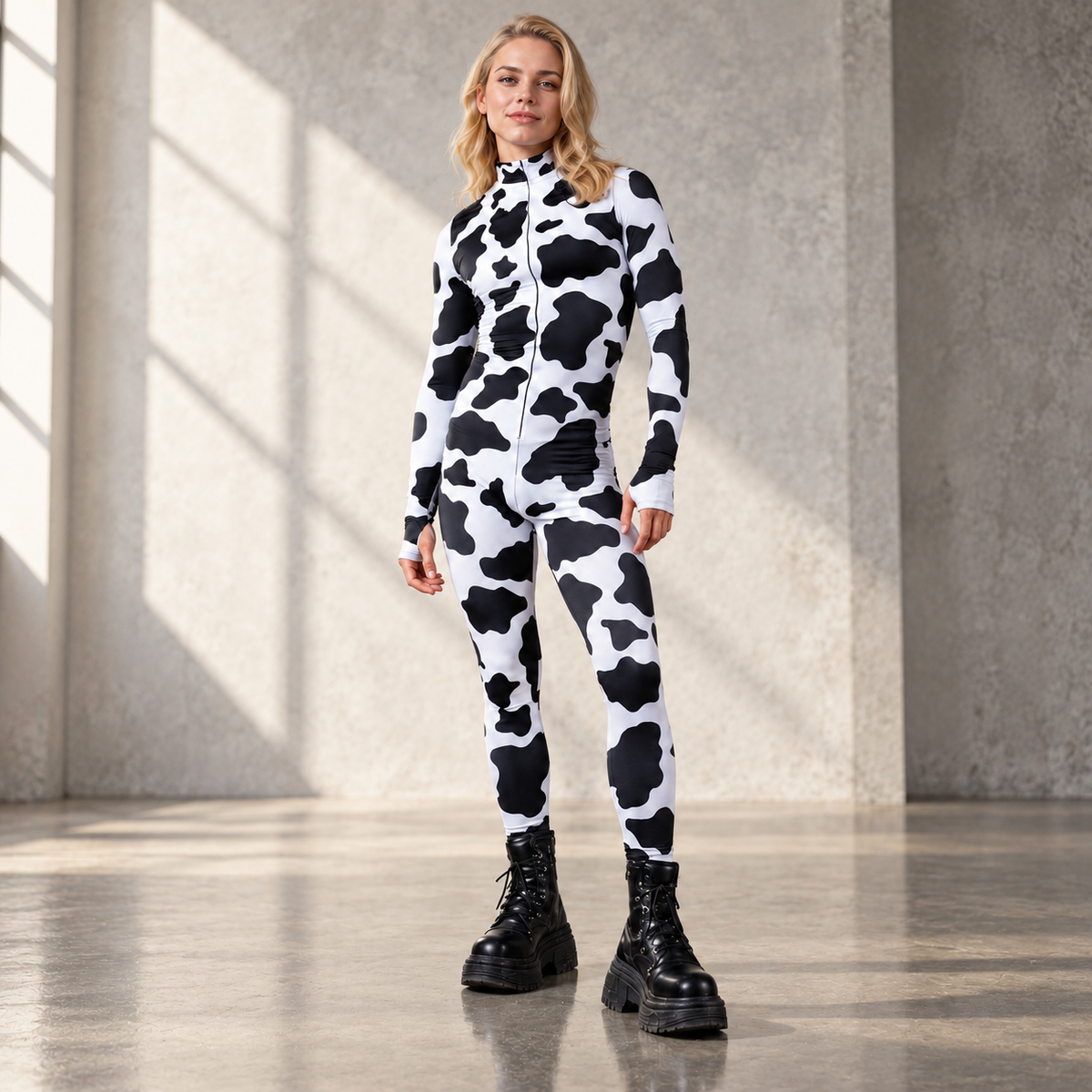 Cow Print Jumpsuit Zip Front High Neck Stretch Bodysuit Mens Womens