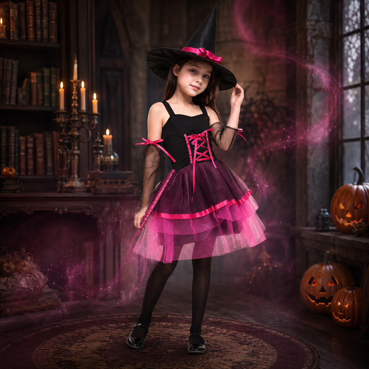 Girls Witch Costume Dress with Hat Five Styles Green Purple Pink Gold