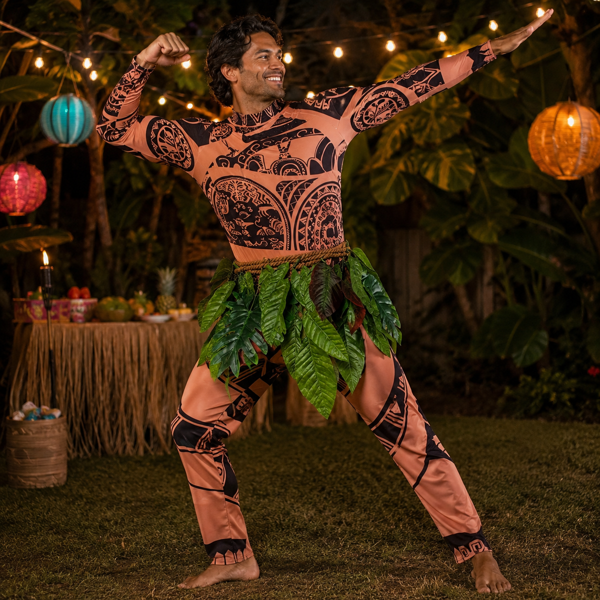 Maui Style Costume Tattoo Print Bodysuit Leaf Skirt Kids and Adults