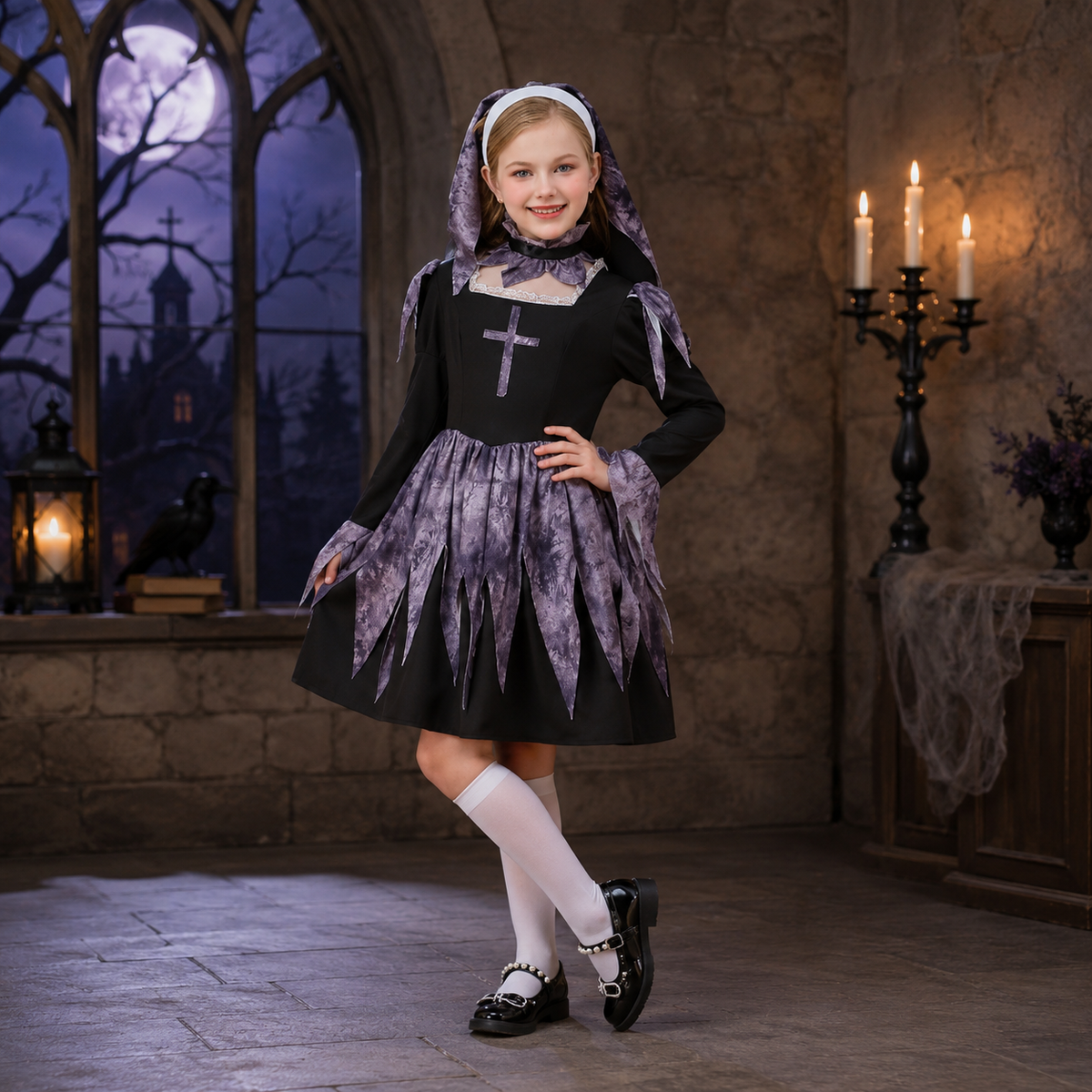 Kids Gothic Nun Costume Black Purple Dress with Headscarf Halloween
