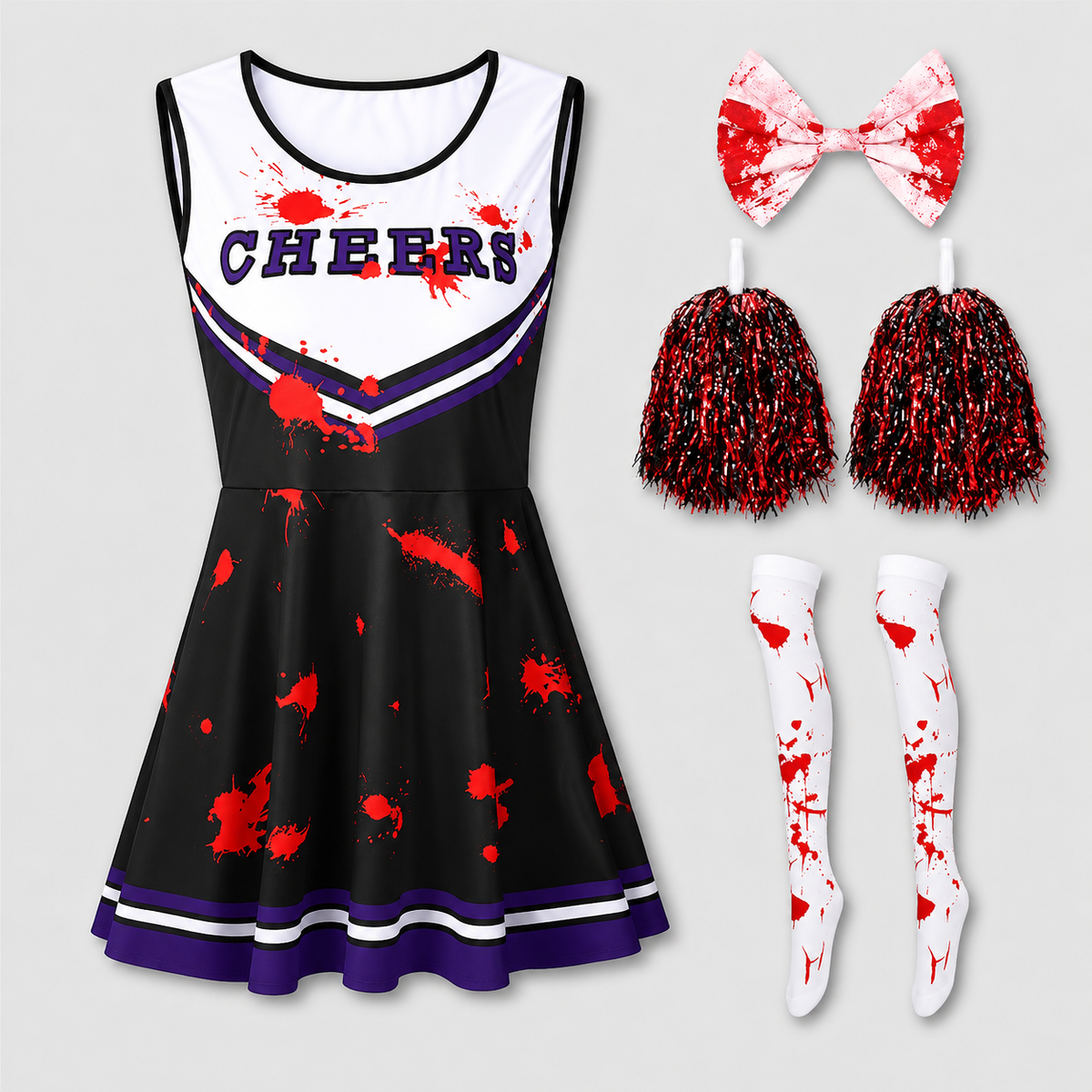 Girls Zombie Cheerleader Costume Bloody Uniform Pom Poms Socks Bows