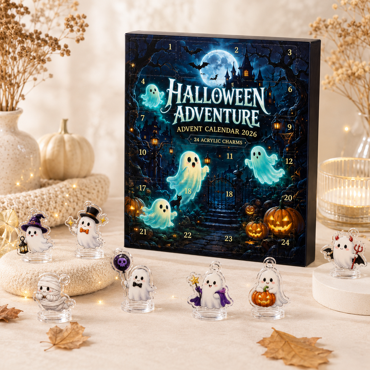 Halloween Advent Calendar 24 Ghost Acrylic Charms with Display Stands