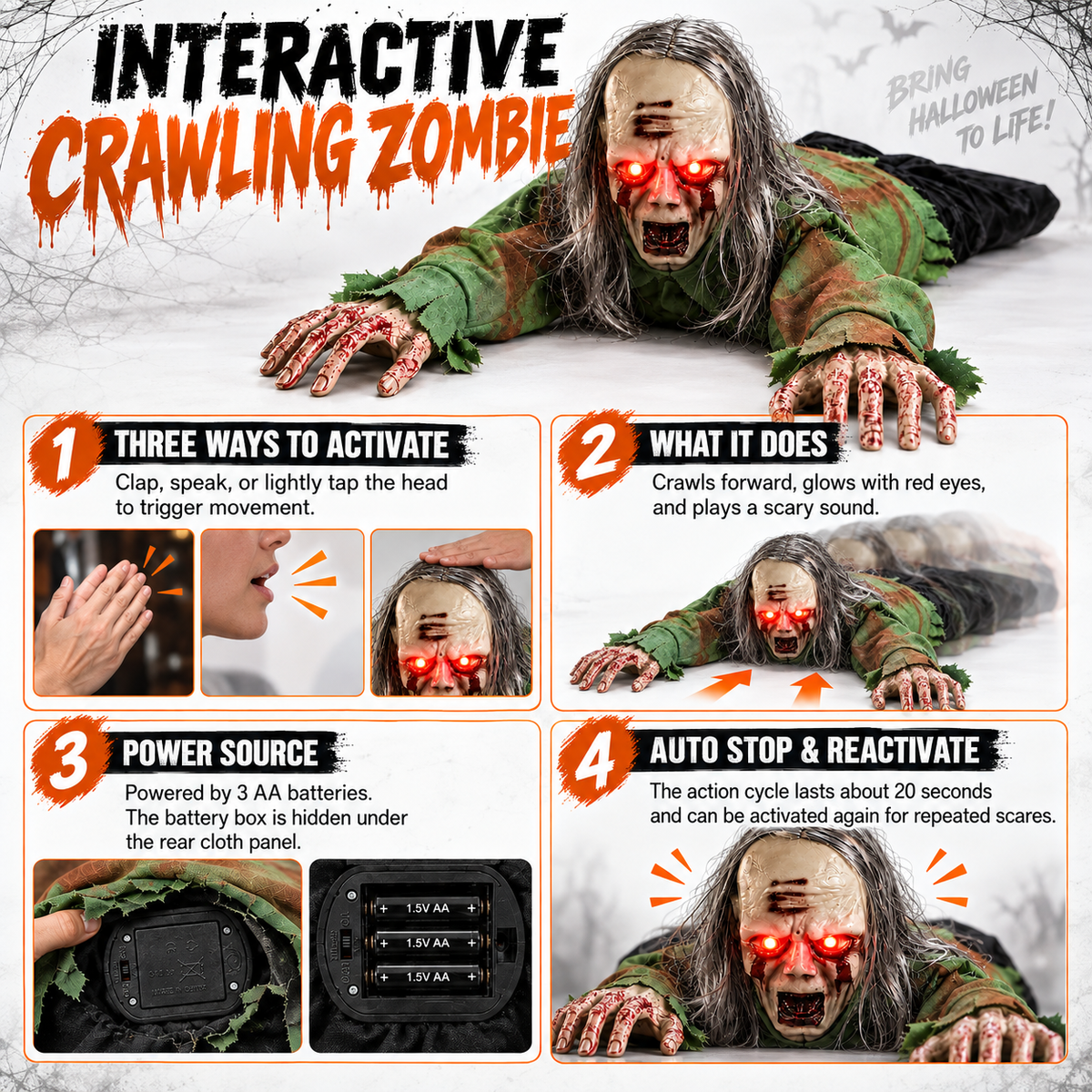 Crawling Zombie Halloween Prop Red LED Eyes Sound Activated Animated