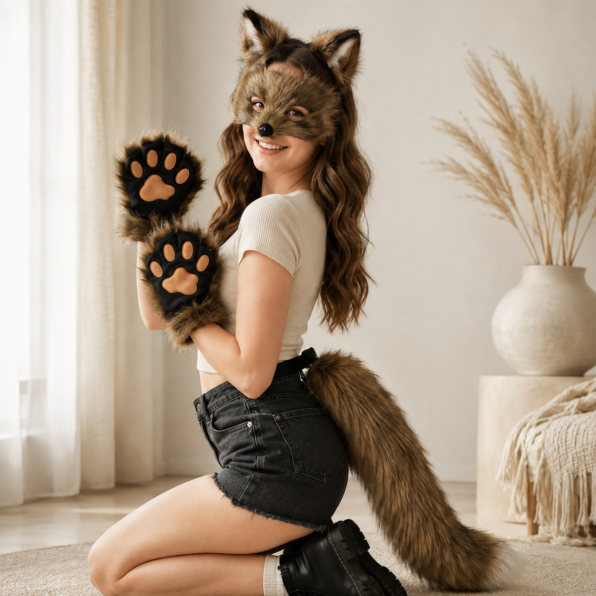 Fox Costume Set Plush Ears Headband Mask Tail Paw Gloves Cosplay