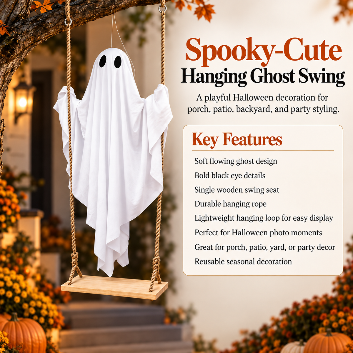 Hanging Ghost Swing Halloween Decoration Wooden Seat Porch Tree Decor