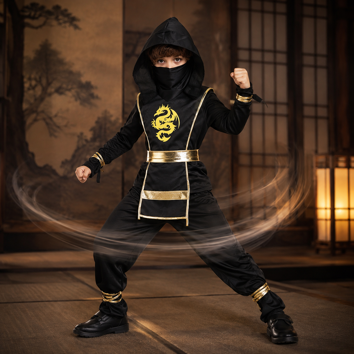 Kids Ninja Costume Muscle Jumpsuit Hood Belt Throwing Stars 3 Styles