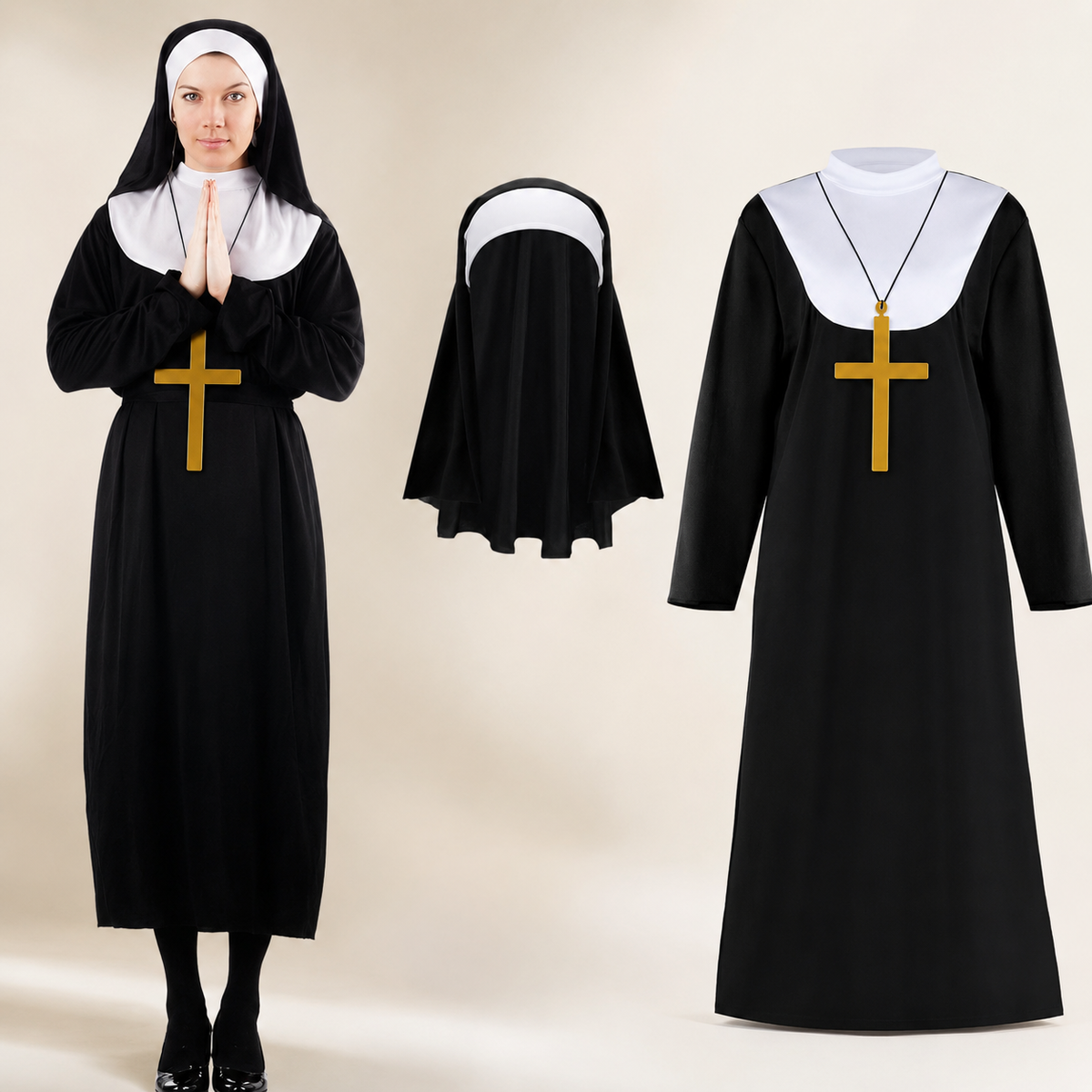 Adult Nun and Priest Costume Black Robe Veil Clerical Collar Cross