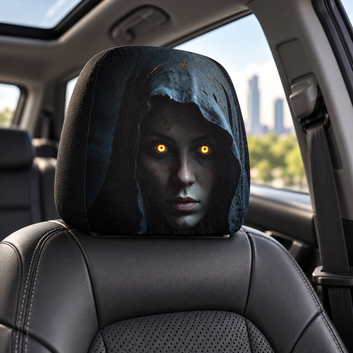 Horror Face Car Headrest Cover Hooded Woman Glowing Eyes Halloween