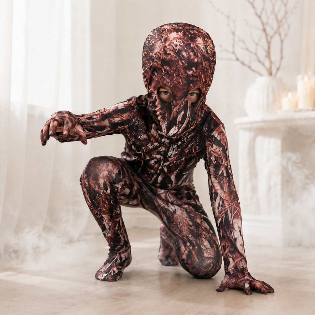 Kids Tree Monster Costume Root Print Bodysuit Hood Mask Horror