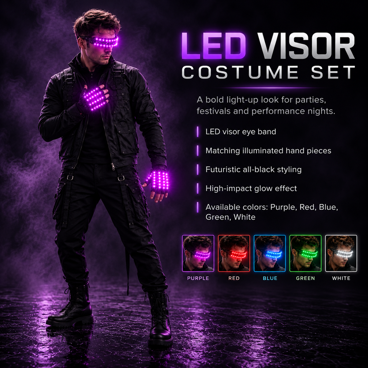 LED Visor Glasses and Light Up Gloves Set Rave Costume 5 Colors