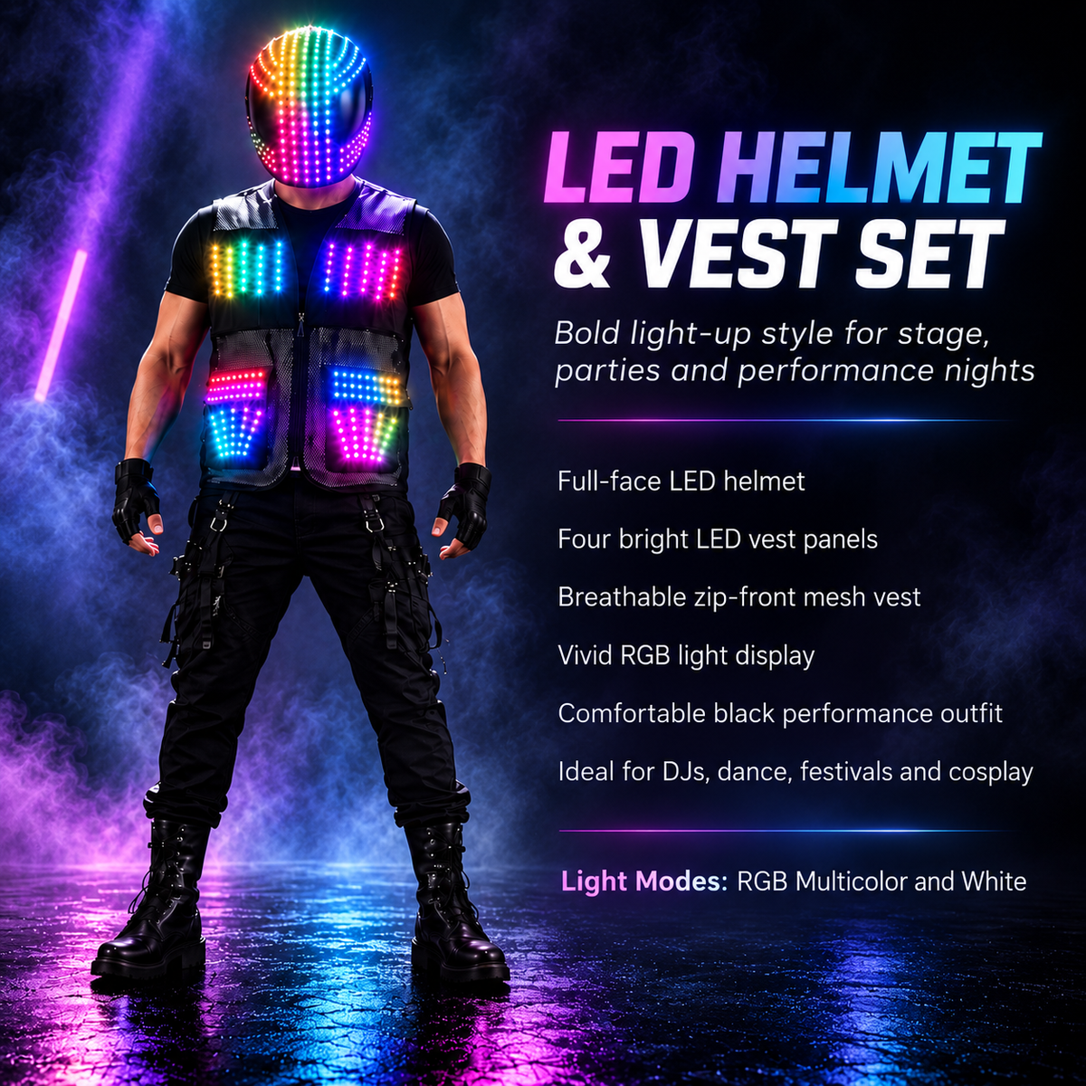 LED Helmet and Vest Set RGB Light Up DJ Costume Full Face Helmet Stage