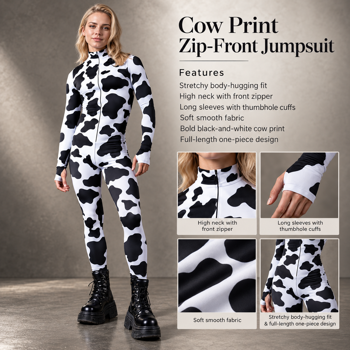 Cow Print Jumpsuit Zip Front High Neck Stretch Bodysuit Mens Womens